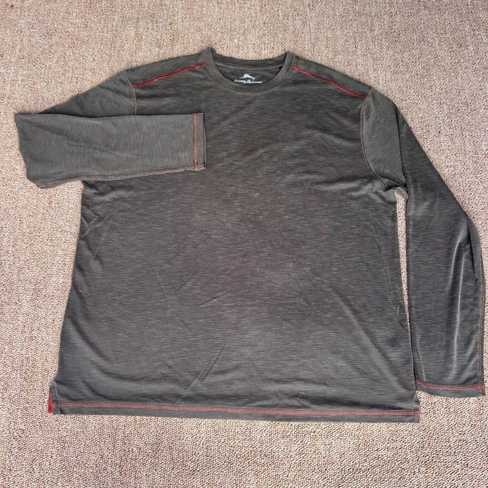 Tommy Bahama Mens XL Gray Textured Long Sleeve Crewneck Contrast Stitch Shirt